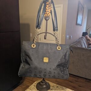 MCM Black Leather Shoulder Bag with Gold Details